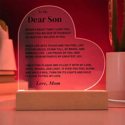 To My Son - From Mom - Never Forget That I Love You - LED Heart Acrylic Plaque